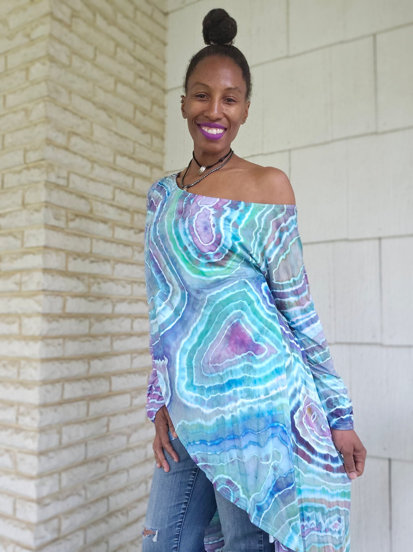 Extra Large Rayon One Shoulder Long Sleeve High Low Asymmetrical Irregular Hem Top