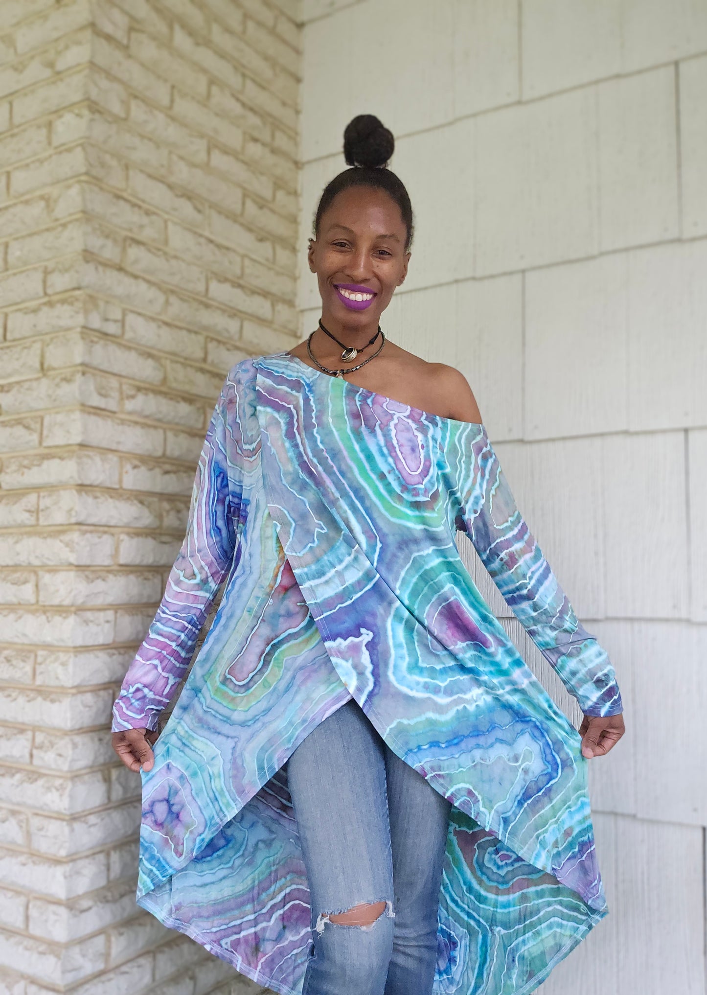 Extra Large Rayon One Shoulder Long Sleeve High Low Asymmetrical Irregular Hem Top