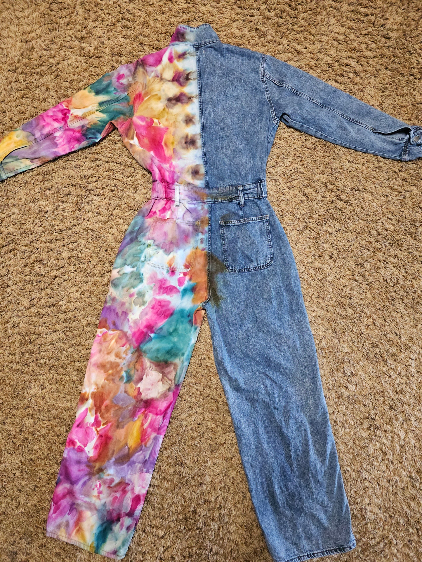 Size 2 Women's Long Sleeve Utility Baggy Denim Jumpsuit Split Personality Chakra Edition