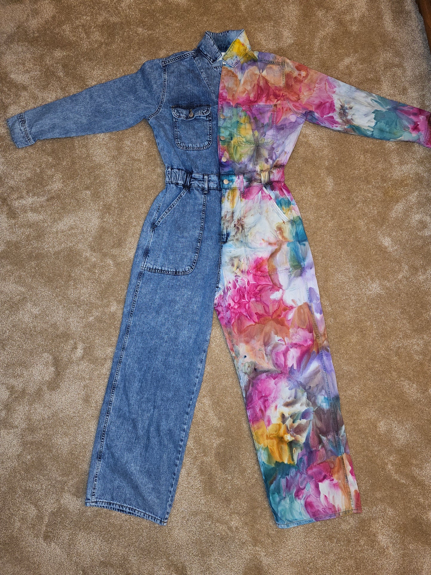 Size 10 Women's Long Sleeve Utility Baggy Denim Jumpsuit Split Personality Chakra Edition