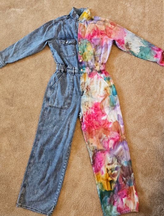 Size 10 Women's Long Sleeve Utility Baggy Denim Jumpsuit Split Personality Chakra Edition