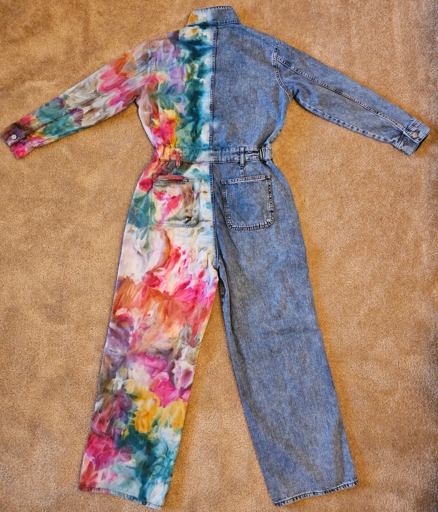 Size 10 Women's Long Sleeve Utility Baggy Denim Jumpsuit Split Personality Chakra Edition