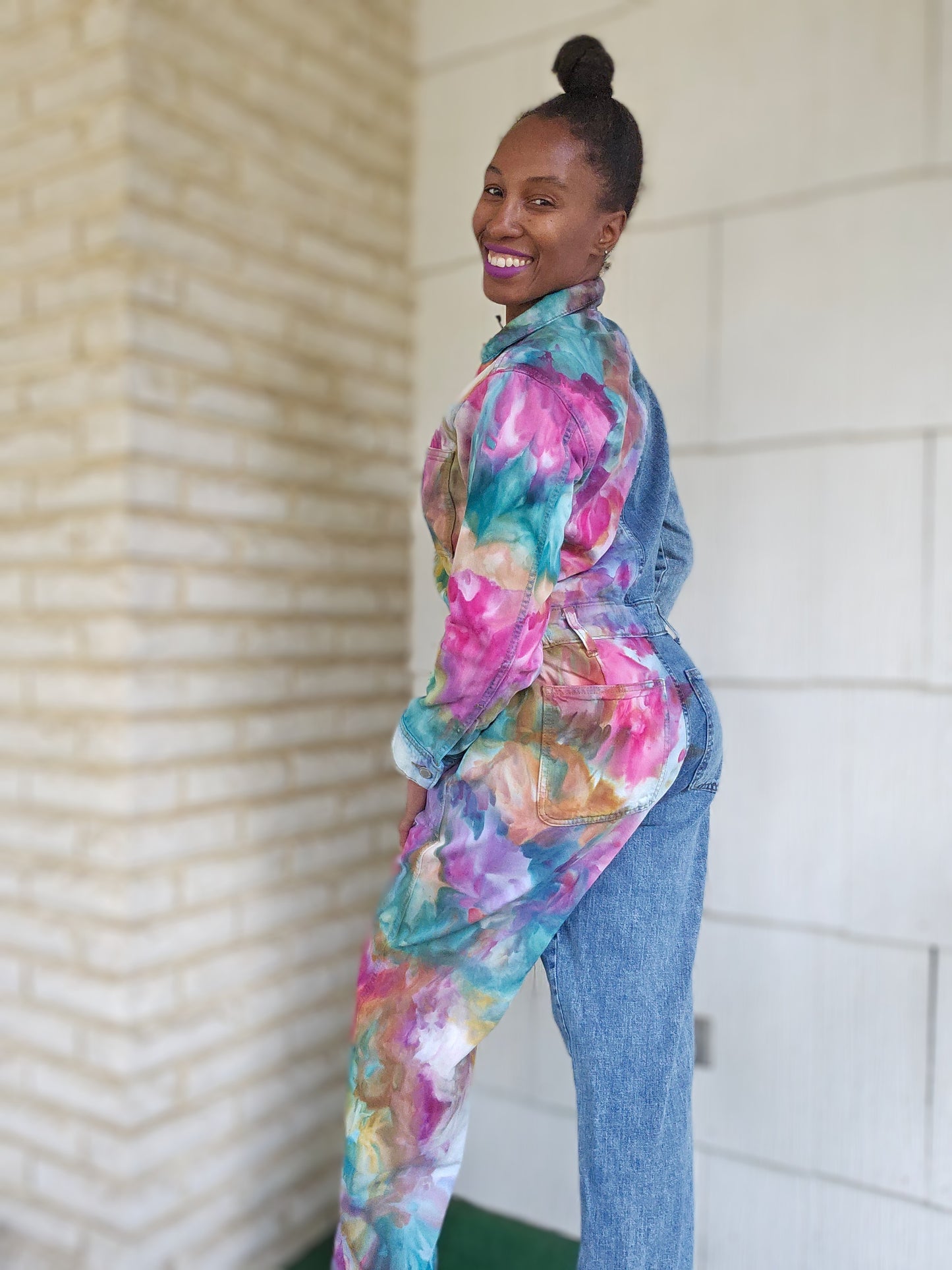 Size 6 Women's Long Sleeve Utility Baggy Denim Jumpsuit Split Personality Chakra Edition