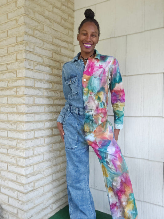 Size 6 Women's Long Sleeve Utility Baggy Denim Jumpsuit Split Personality Chakra Edition
