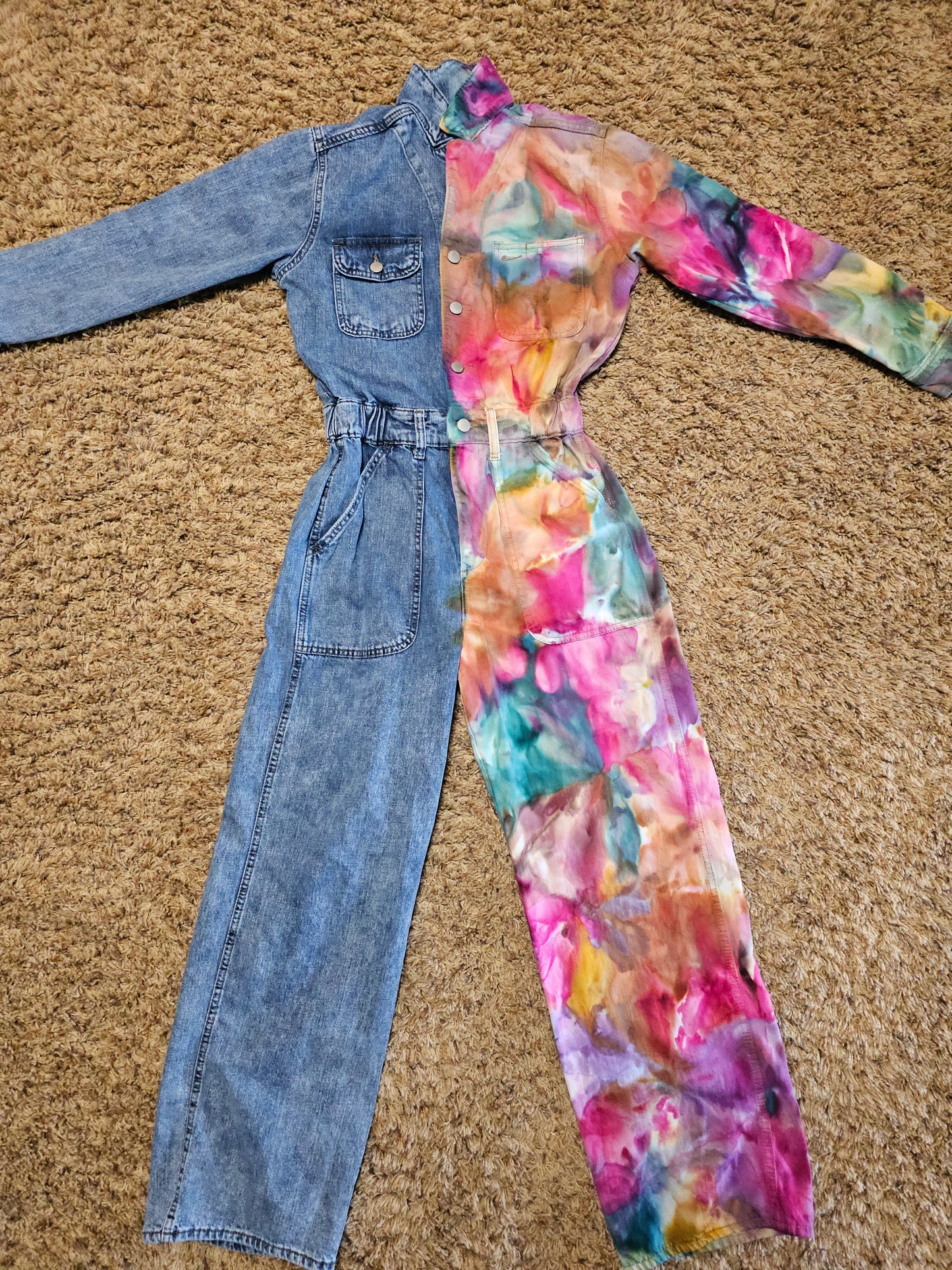 Size 2 Women's Long Sleeve Utility Baggy Denim Jumpsuit Split Personality Chakra Edition