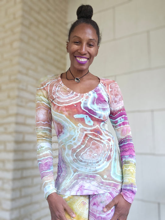 Small Rayon Ribbed V-Neck Long Sleeve