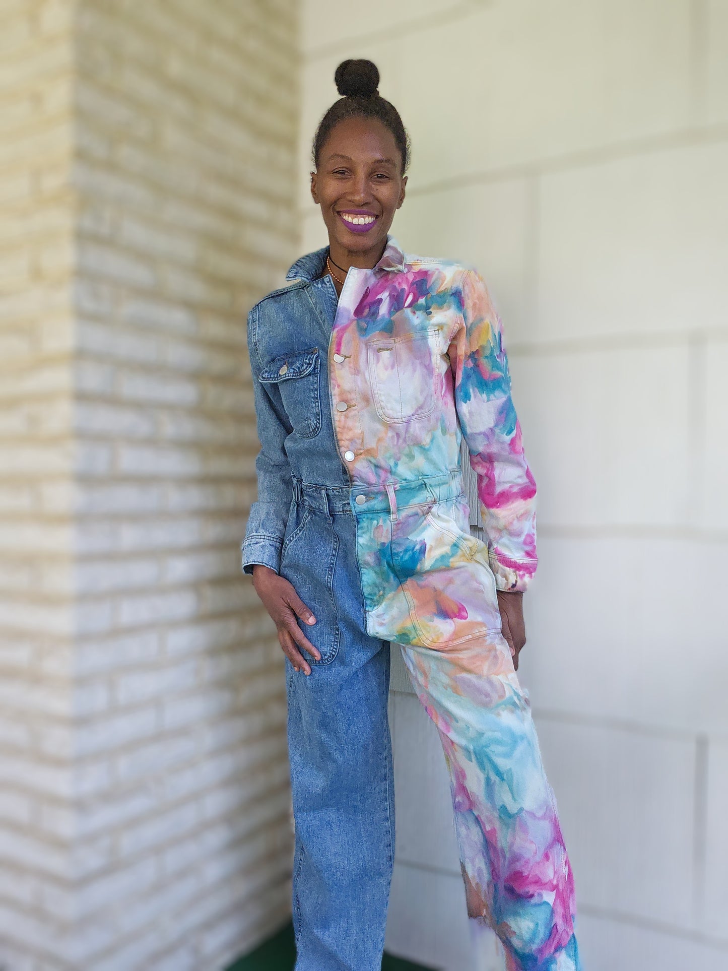 Size 6 Women's Long Sleeve Utility Baggy Denim Jumpsuit Split Personality Chakra Edition