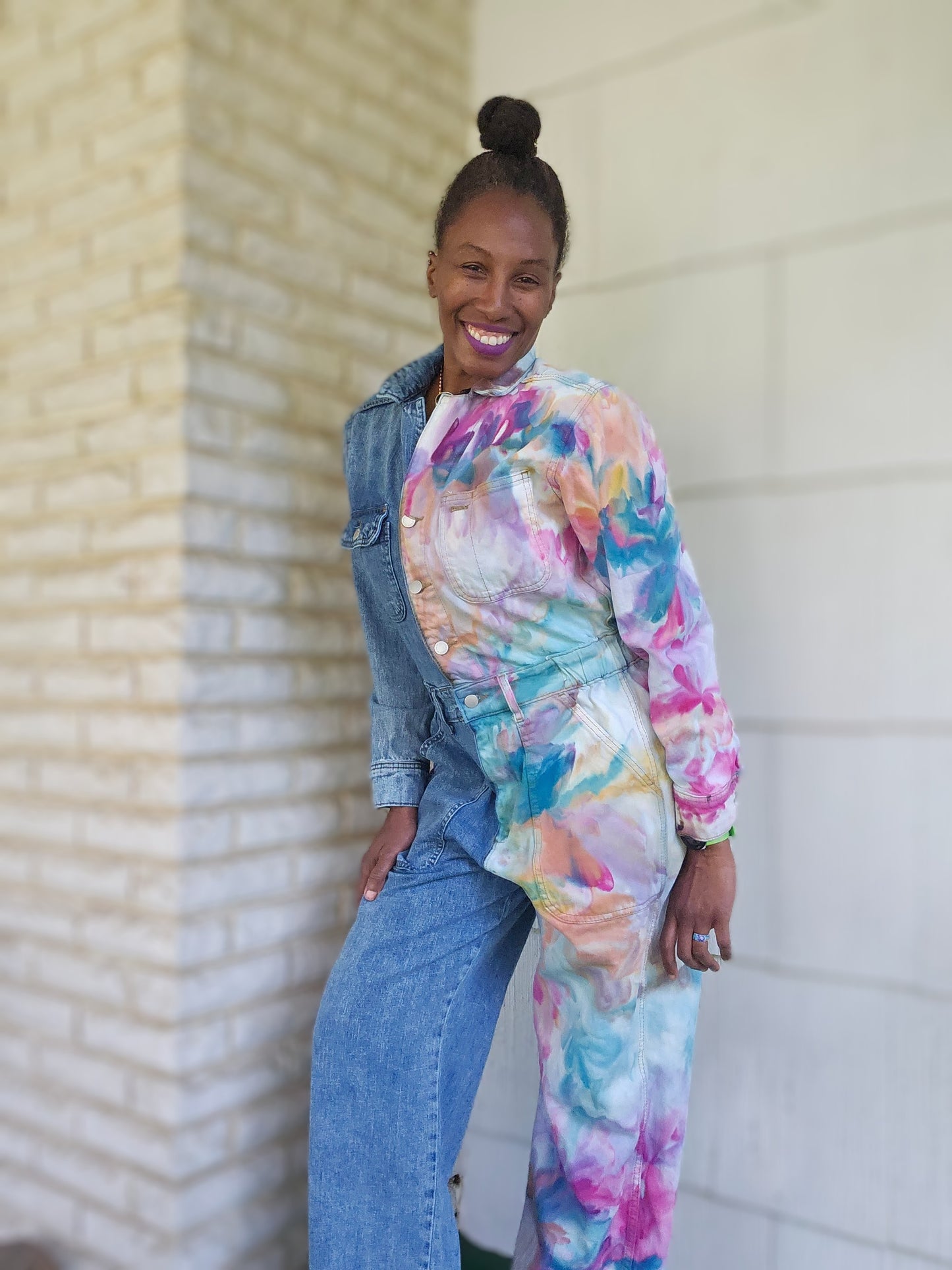 Size 6 Women's Long Sleeve Utility Baggy Denim Jumpsuit Split Personality Chakra Edition