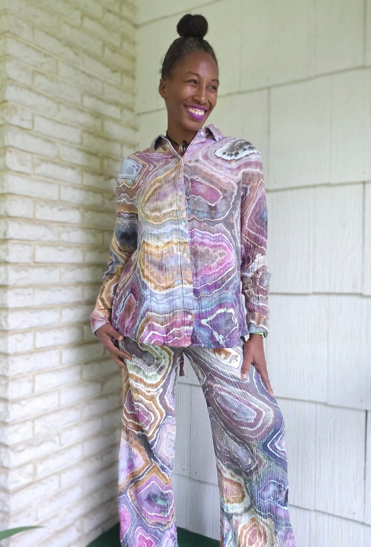Small cotton gauze dutton-down long sleeve with open tie back/ Matching Small cotton gauze smocked waistband pants set